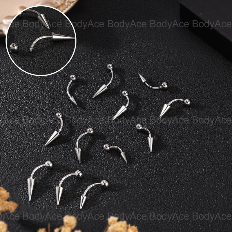 BodyAce 12PCS Spike Rook Earrings Eyebrow Rings, 316L Surgical Steel 16G Curved Barbell Cartilage Helix Earring, Lip Rings Tragus Daith Piercing Jewelry - Image 5